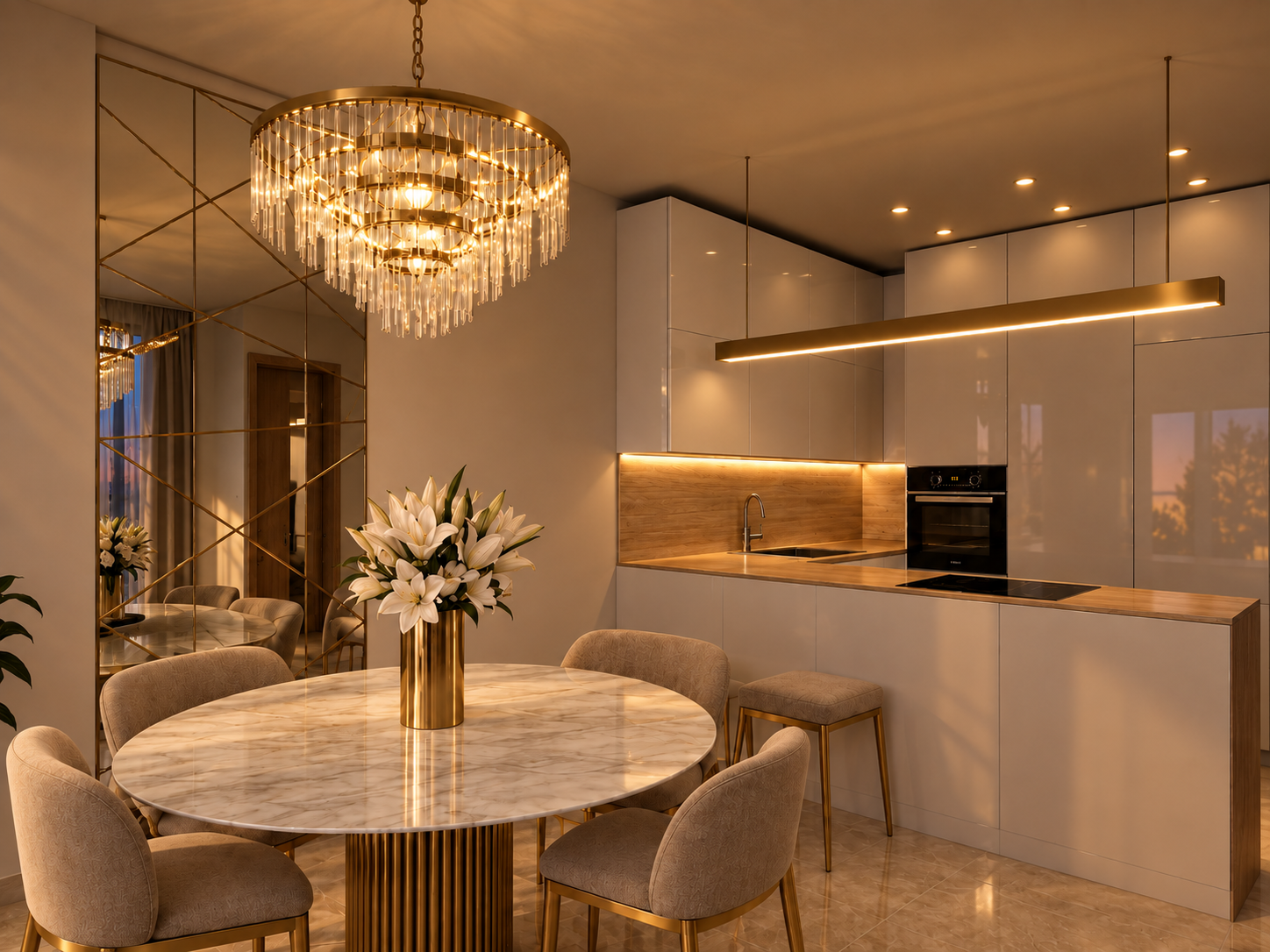 Ivory & Champagne – konyha és étkező, esti fény