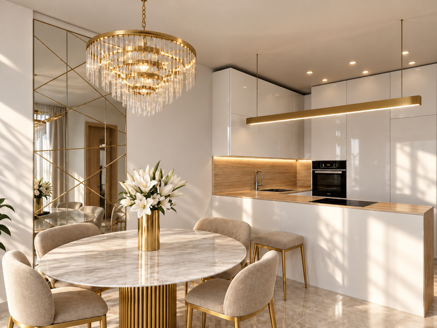 Ivory & Champagne – konyha és étkező, nappali fény